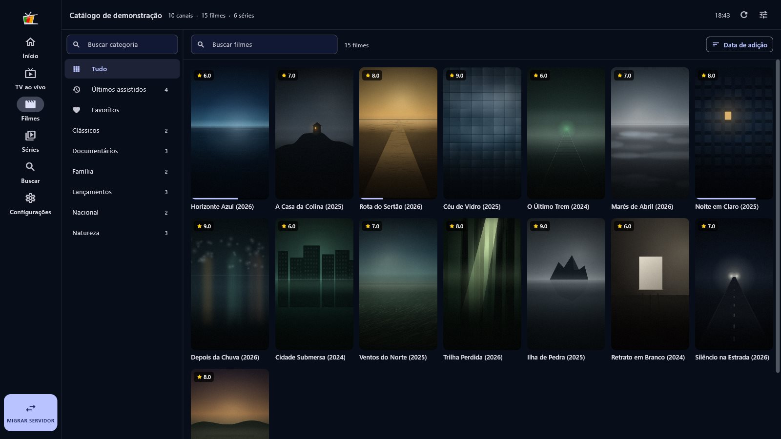 Tela de filmes do Ventura Player, com categorias e capas do catálogo de demonstração
